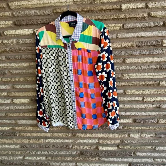 Maeve Anthropologie La Paz Contrast Patchwork Button Front Shirt Size Large NWT - Picture 9 of 11